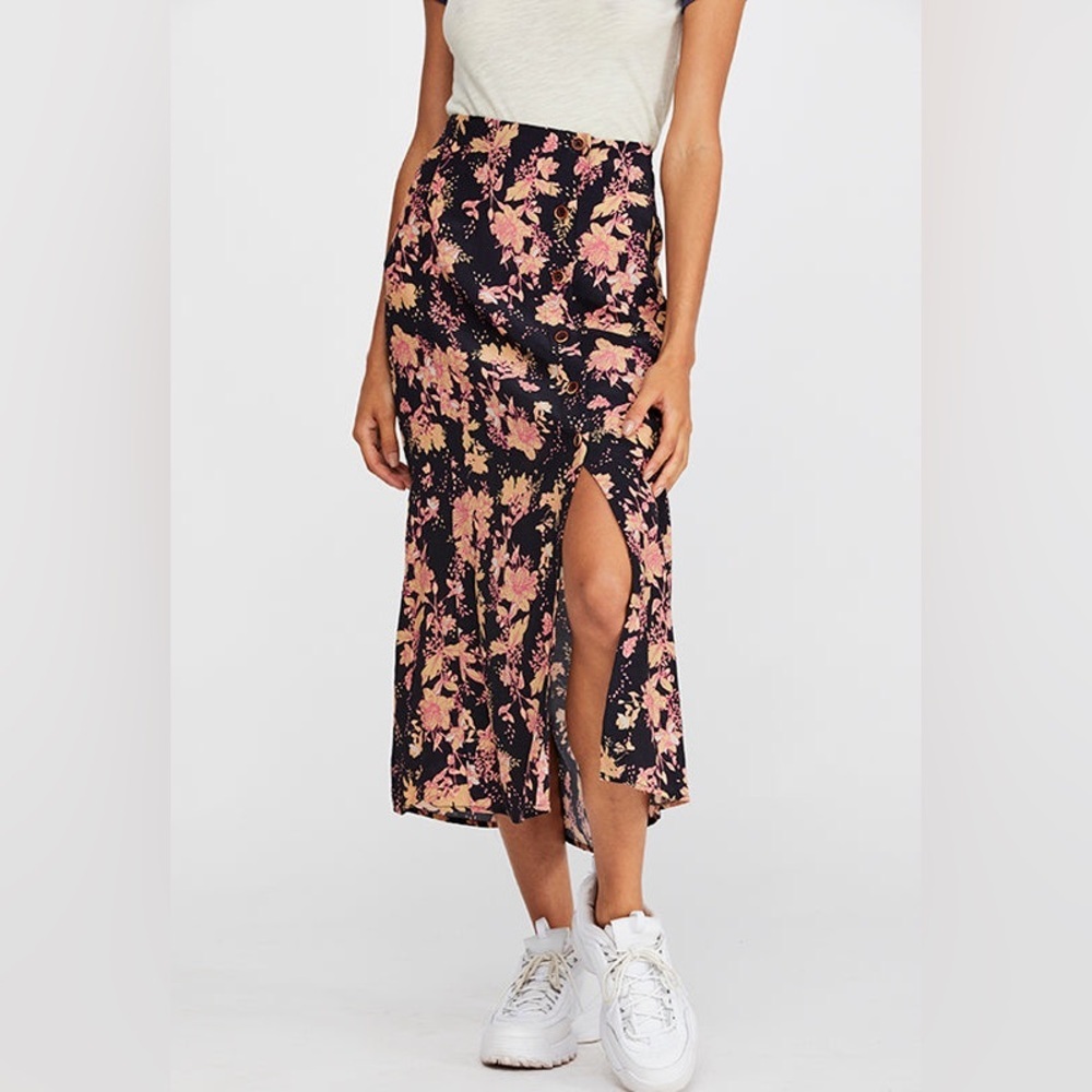 Free People Retro Love Floral Midi Skirt Button Front Slit Boho Size 6 - Picture 1 of 8